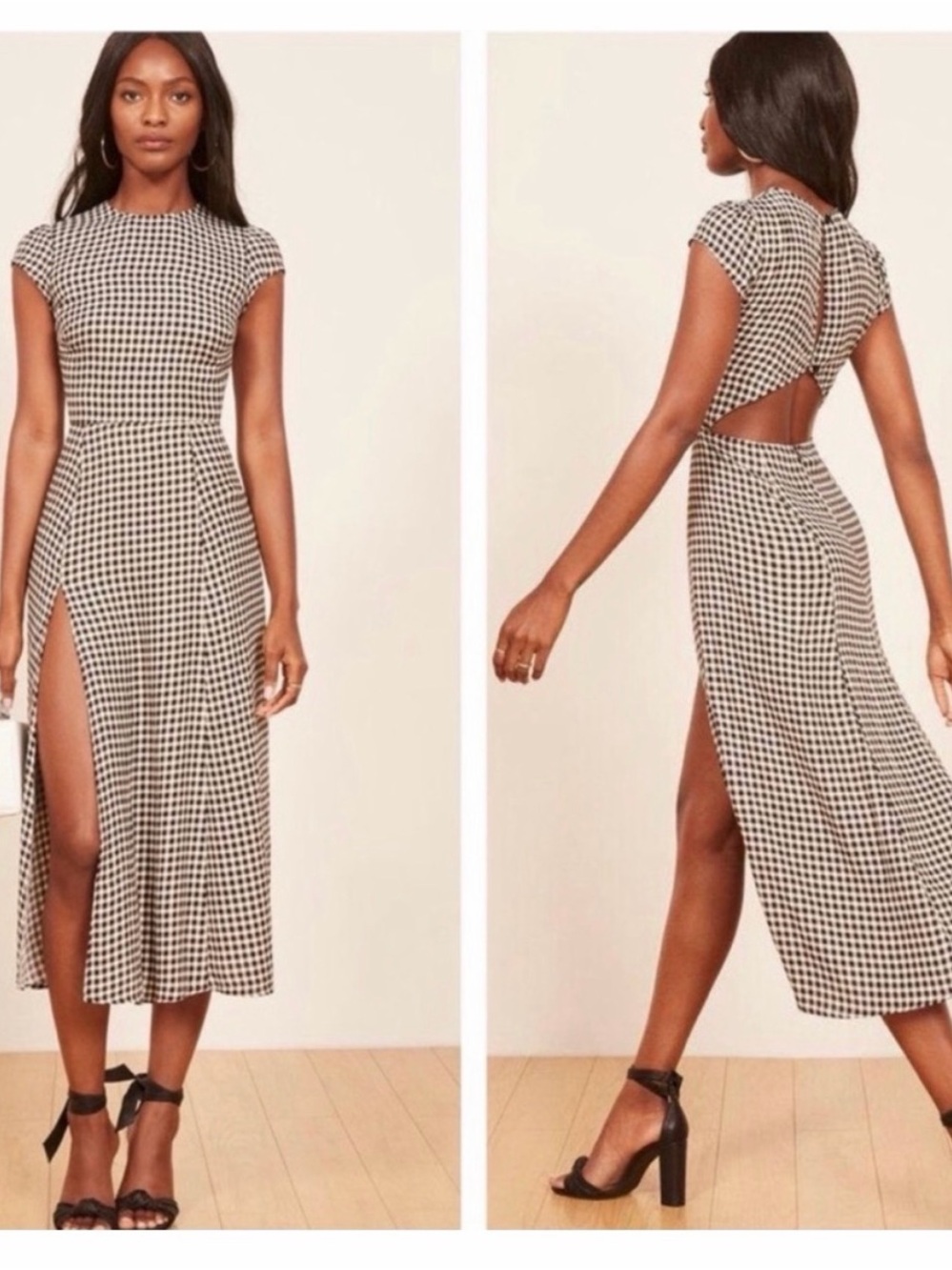 Reformation Gingham Cutout Midi Dress - Brown/White